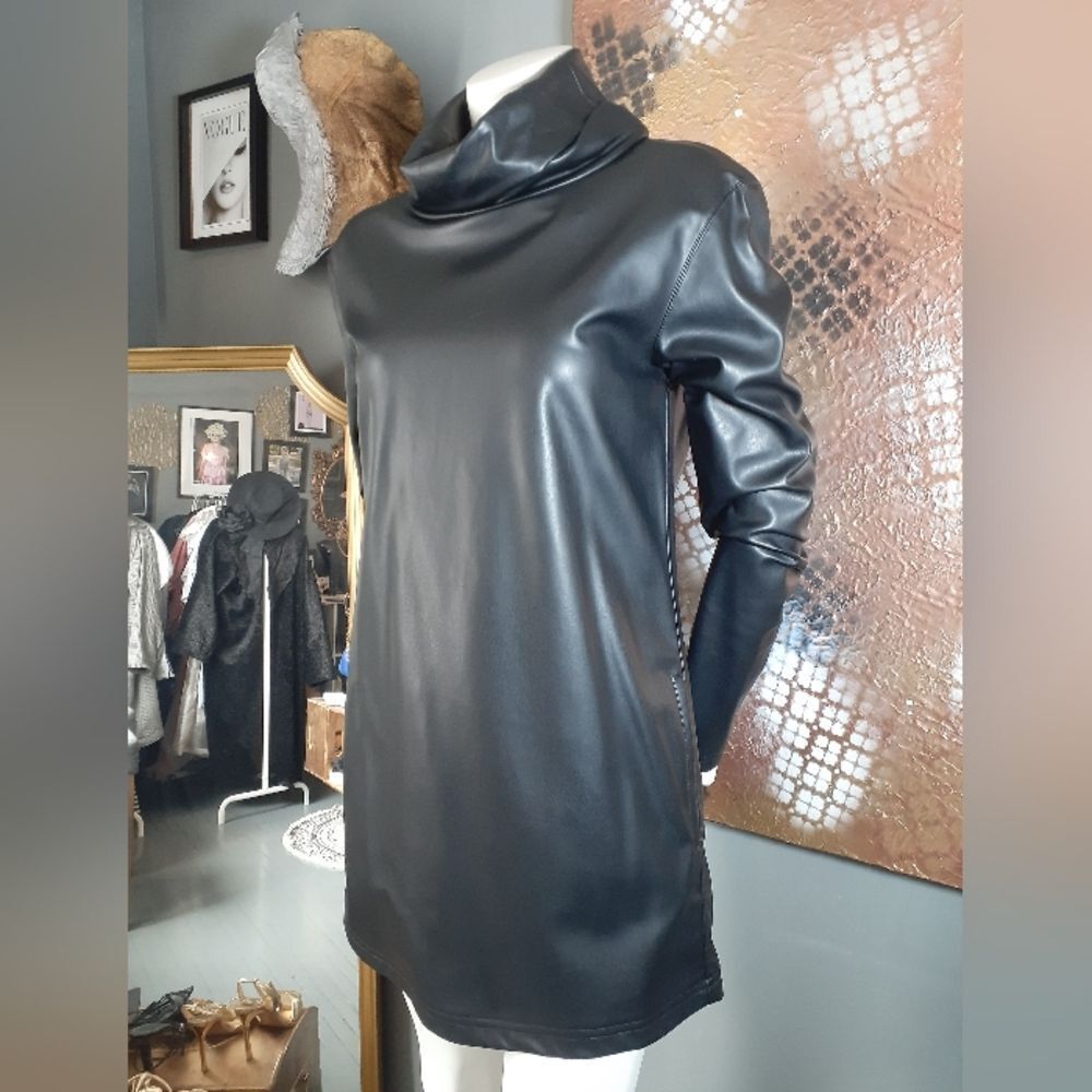 Zara Nwt Black Faux Leather Turtleneck Mini Dress